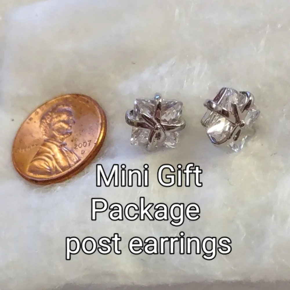 Petite White Sparkling Crystal Package w/ Bow Pierced Post Earrings